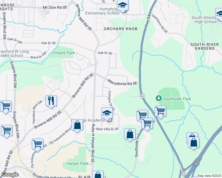 map of restaurants, bars, coffee shops, grocery stores, and more near 376 Cologne Drive Southeast in Atlanta
