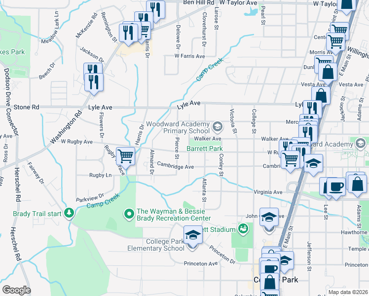 map of restaurants, bars, coffee shops, grocery stores, and more near 2089 West Rugby Avenue in College Park