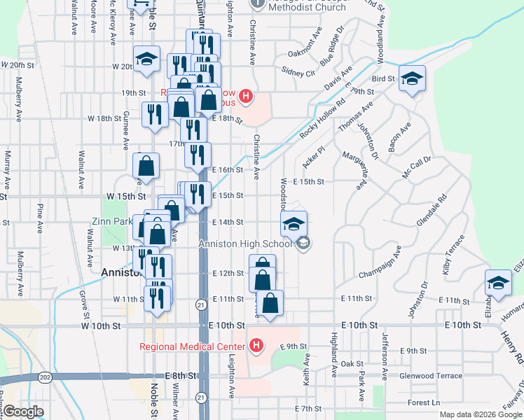 map of restaurants, bars, coffee shops, grocery stores, and more near 1420 Woodstock Avenue in Anniston