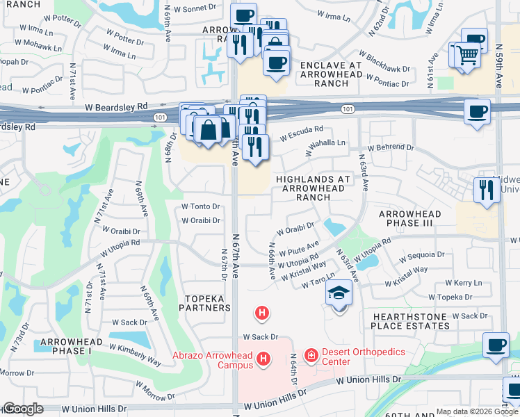 map of restaurants, bars, coffee shops, grocery stores, and more near 19711 North 66th Drive in Glendale