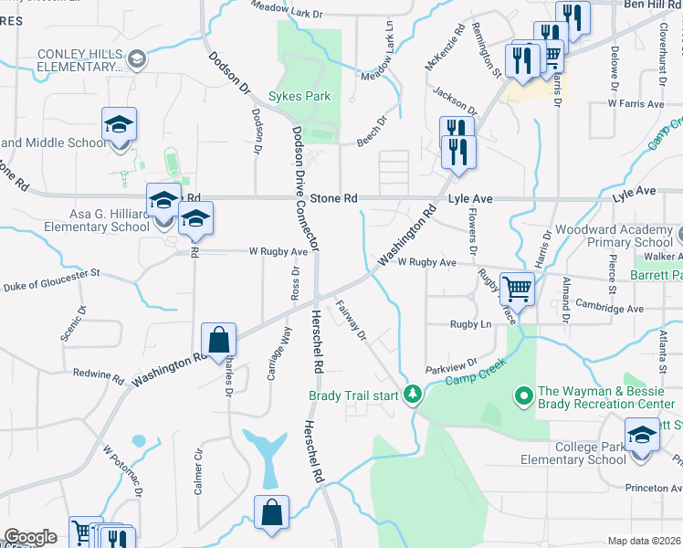 map of restaurants, bars, coffee shops, grocery stores, and more near 3409 Washington Road in Atlanta