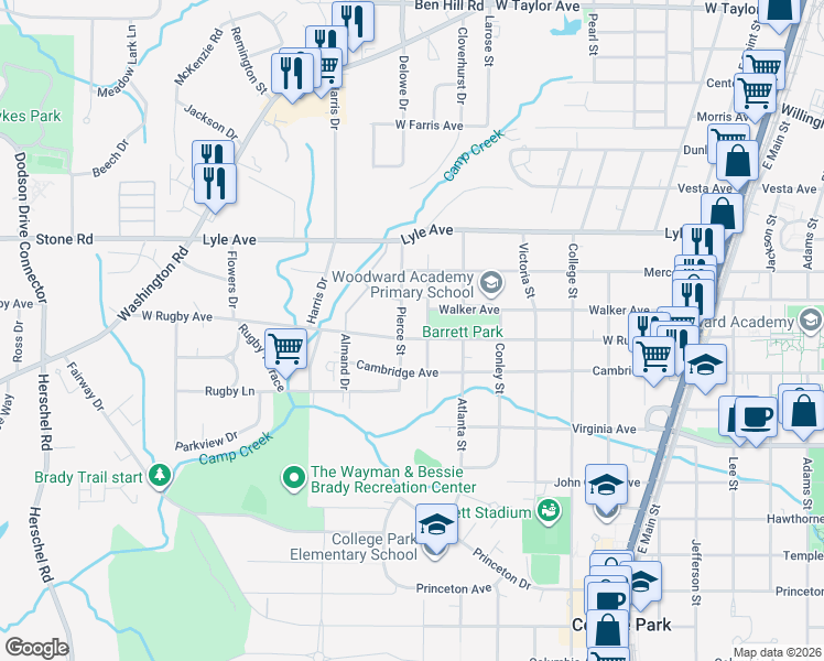 map of restaurants, bars, coffee shops, grocery stores, and more near 2089 West Rugby Avenue in College Park
