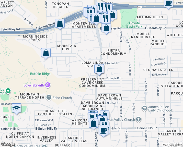 map of restaurants, bars, coffee shops, grocery stores, and more near 2336 East Utopia Road in Phoenix