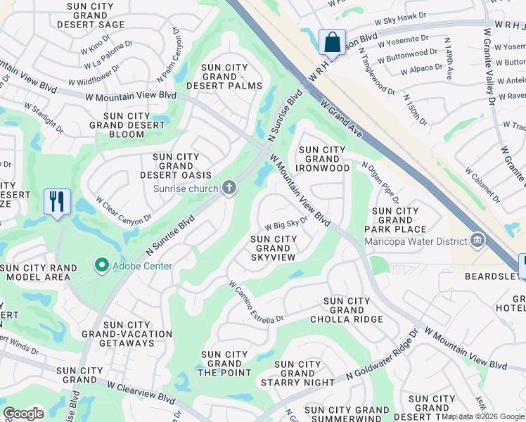 map of restaurants, bars, coffee shops, grocery stores, and more near 19949 North Half Moon Drive in Surprise