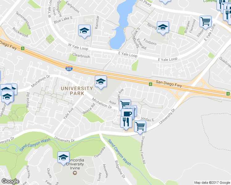 map of restaurants, bars, coffee shops, grocery stores, and more near 5056 Balsawood in Irvine