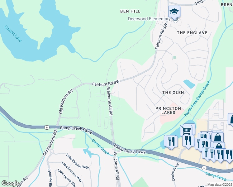 map of restaurants, bars, coffee shops, grocery stores, and more near 3352 Landings South Drive Southwest in Atlanta