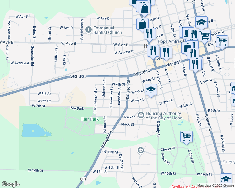 map of restaurants, bars, coffee shops, grocery stores, and more near 1005 West 5th Street in Hope