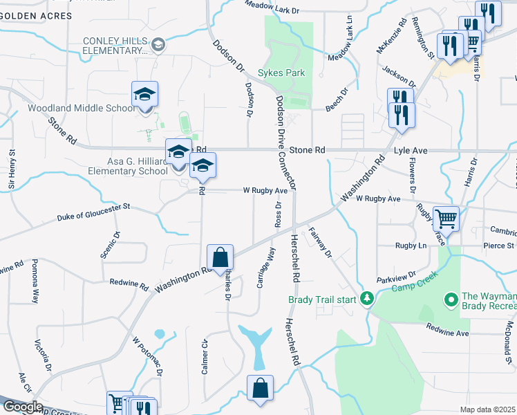 map of restaurants, bars, coffee shops, grocery stores, and more near 3410 Dodson Terrace in East Point