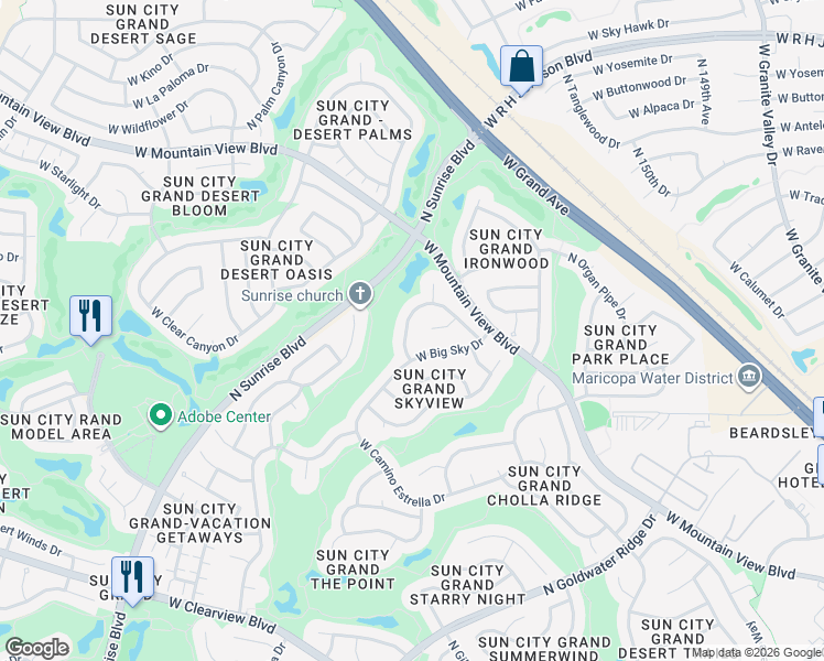 map of restaurants, bars, coffee shops, grocery stores, and more near 19949 North Half Moon Drive in Surprise