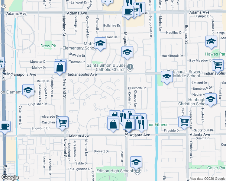map of restaurants, bars, coffee shops, grocery stores, and more near 8886 Plumas Circle in Huntington Beach