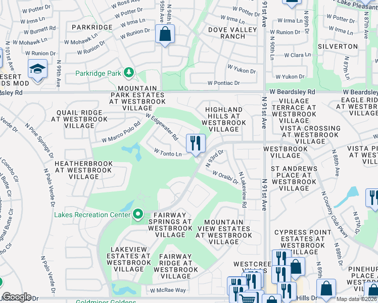 map of restaurants, bars, coffee shops, grocery stores, and more near 9400 West Tonto Lane in Peoria