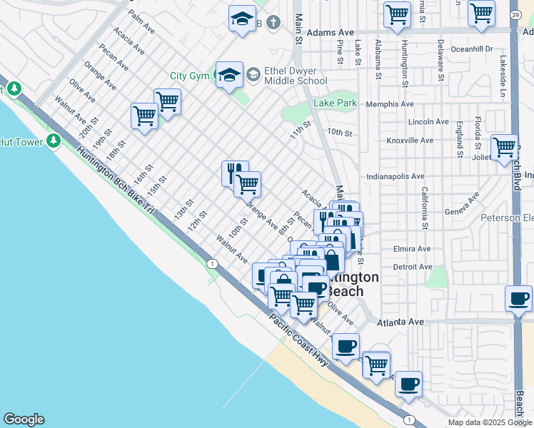 map of restaurants, bars, coffee shops, grocery stores, and more near 403 9th Street in Huntington Beach