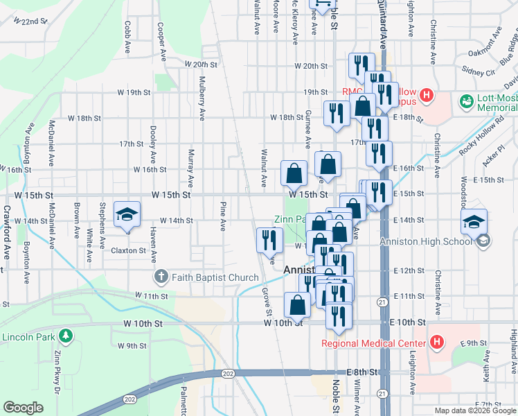 map of restaurants, bars, coffee shops, grocery stores, and more near 300 West 15th Street in Anniston