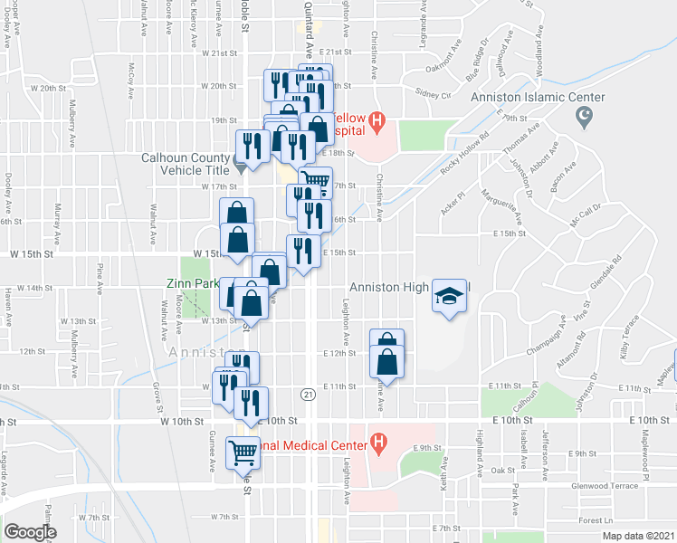 map of restaurants, bars, coffee shops, grocery stores, and more near 1412 Leighton Ave in Anniston