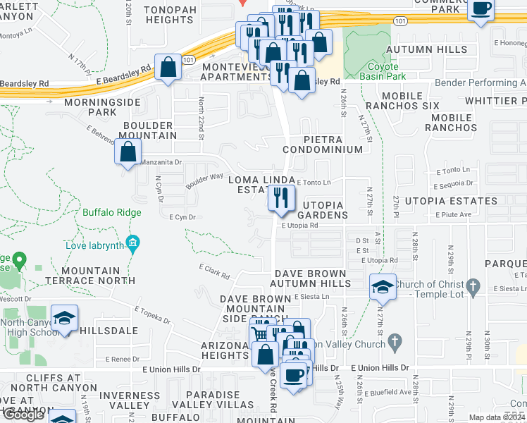 map of restaurants, bars, coffee shops, grocery stores, and more near 2336 East Utopia Road in Phoenix