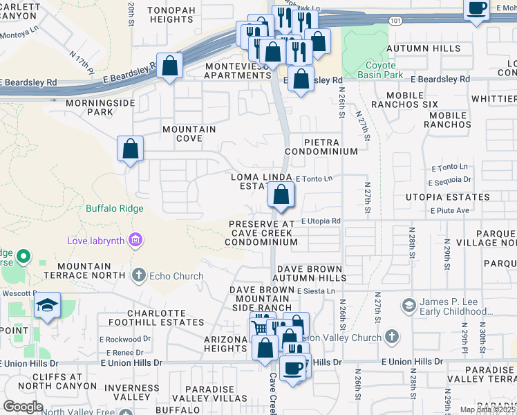 map of restaurants, bars, coffee shops, grocery stores, and more near 2336 East Utopia Road in Phoenix