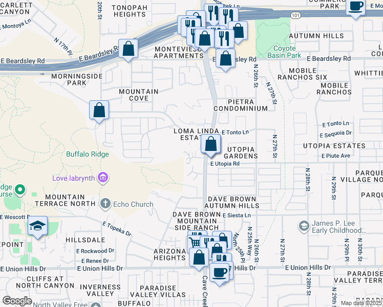 map of restaurants, bars, coffee shops, grocery stores, and more near 2336 East Utopia Road in Phoenix