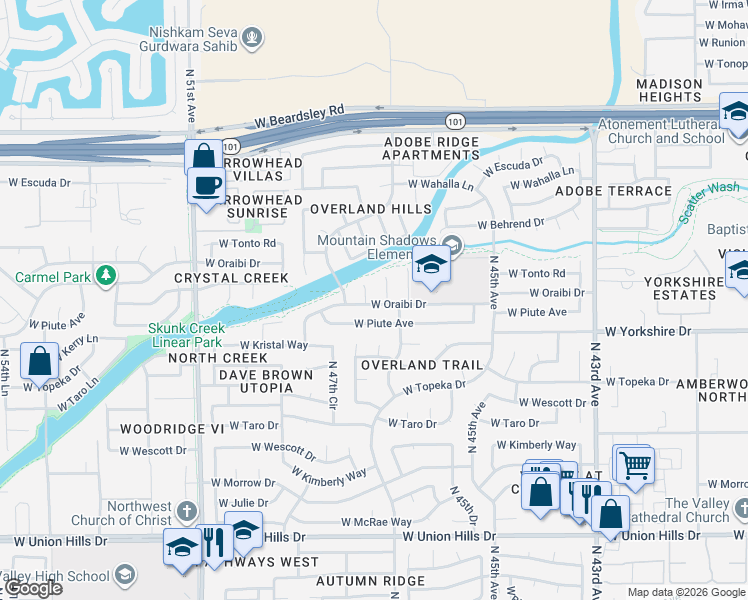 map of restaurants, bars, coffee shops, grocery stores, and more near 4718 West Oraibi Drive in Glendale
