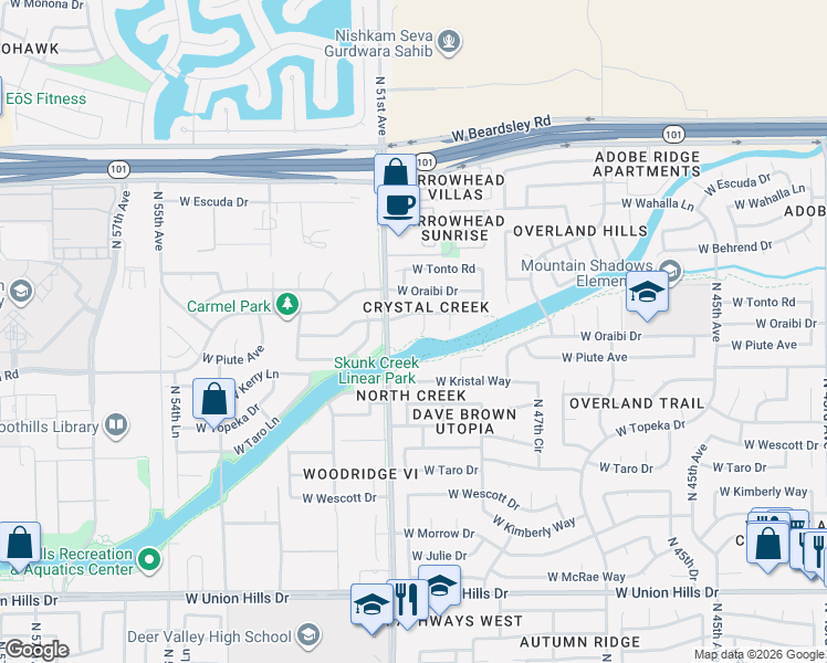 map of restaurants, bars, coffee shops, grocery stores, and more near 5023 West Wikieup Lane in Glendale