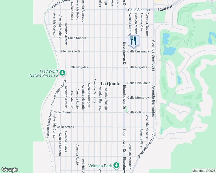 map of restaurants, bars, coffee shops, grocery stores, and more near 53070 Avenue Vallejo in La Quinta