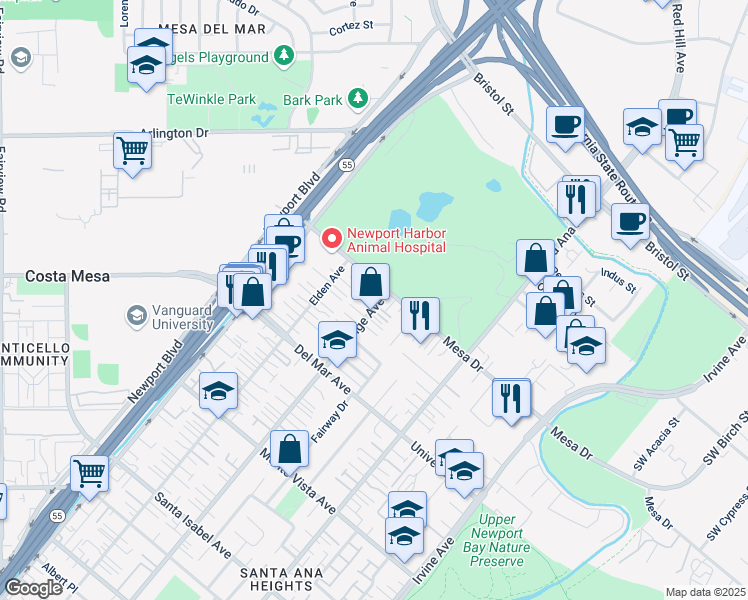 map of restaurants, bars, coffee shops, grocery stores, and more near 2690B Orange Avenue in Costa Mesa