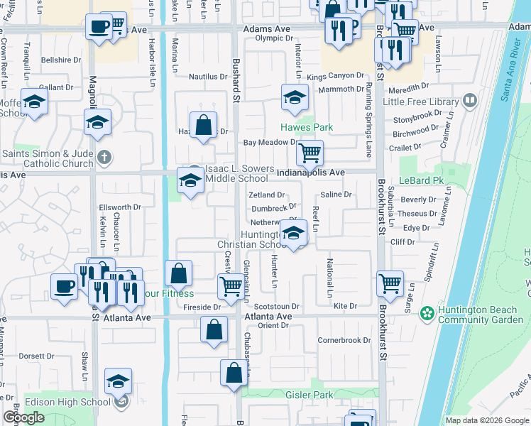 map of restaurants, bars, coffee shops, grocery stores, and more near 9632 Dumbreck Drive in Huntington Beach