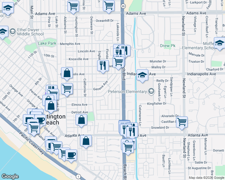 map of restaurants, bars, coffee shops, grocery stores, and more near 645 Frankfort Avenue in Huntington Beach