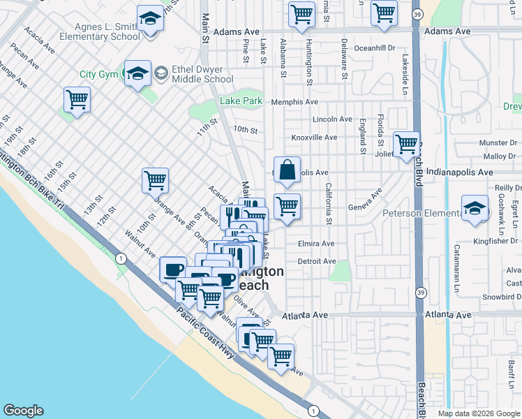 map of restaurants, bars, coffee shops, grocery stores, and more near 606 Lake Street in Huntington Beach