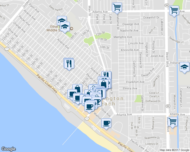 map of restaurants, bars, coffee shops, grocery stores, and more near 517 7th Street in Huntington Beach