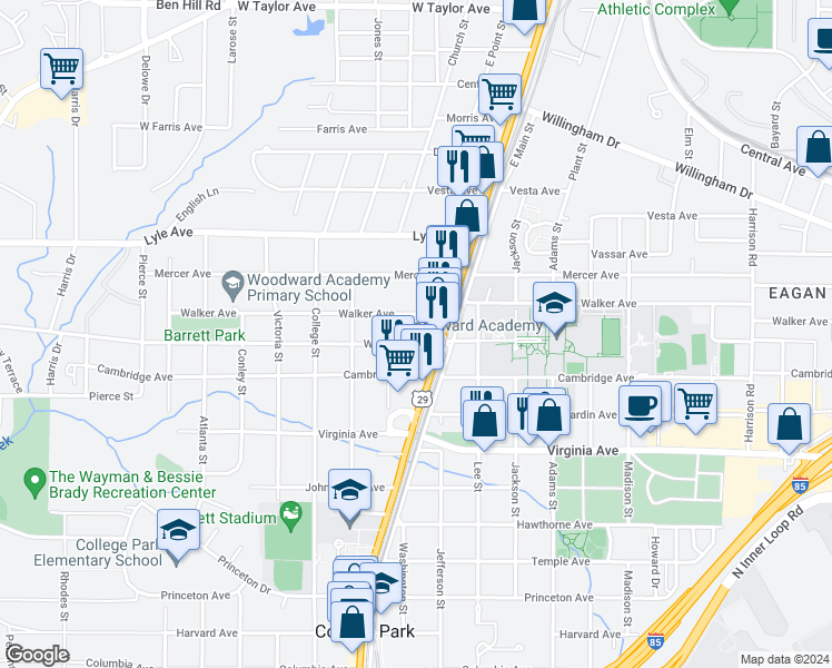 map of restaurants, bars, coffee shops, grocery stores, and more near 1771 West Rugby Avenue in Atlanta