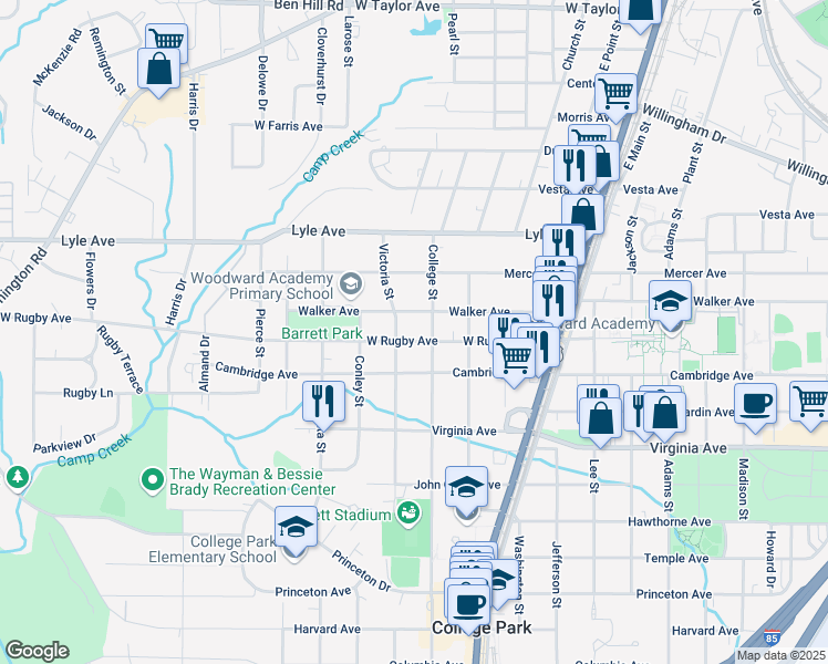 map of restaurants, bars, coffee shops, grocery stores, and more near 1923 West Rugby Avenue in College Park