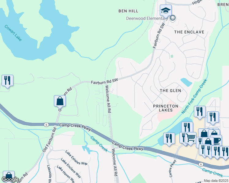 map of restaurants, bars, coffee shops, grocery stores, and more near 3352 Landings South Drive Southwest in Atlanta
