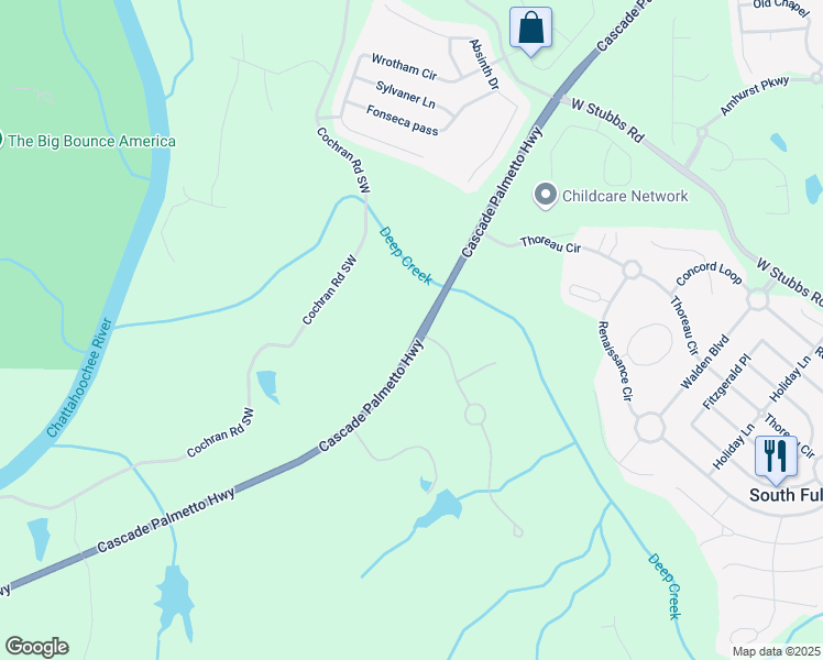 map of restaurants, bars, coffee shops, grocery stores, and more near Cascade Palmetto Highway in South Fulton