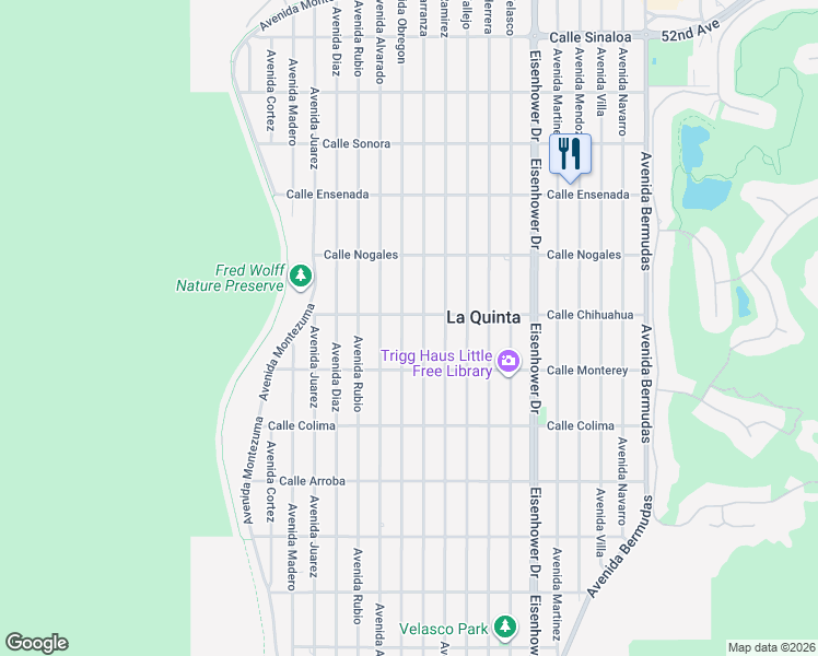 map of restaurants, bars, coffee shops, grocery stores, and more near 53050 Avenue Obregon in La Quinta