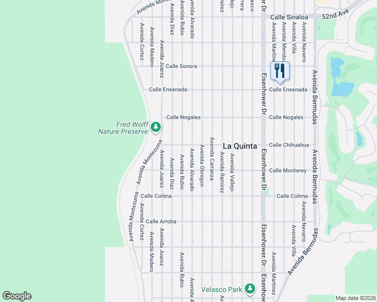 map of restaurants, bars, coffee shops, grocery stores, and more near 53055 Avenue Alvarado in La Quinta