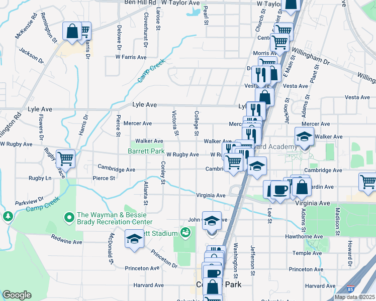 map of restaurants, bars, coffee shops, grocery stores, and more near 1923 West Rugby Avenue in College Park