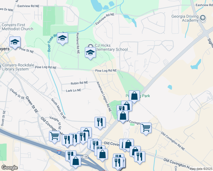 map of restaurants, bars, coffee shops, grocery stores, and more near 677 American Legion Road Northeast in Conyers