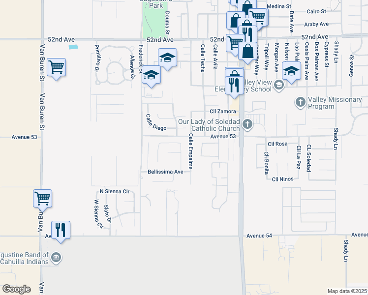map of restaurants, bars, coffee shops, grocery stores, and more near 53016 Cortina Place in Coachella
