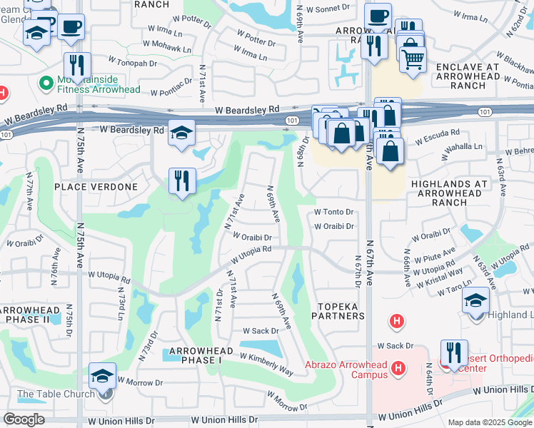map of restaurants, bars, coffee shops, grocery stores, and more near 6915 West Behrend Drive in Glendale