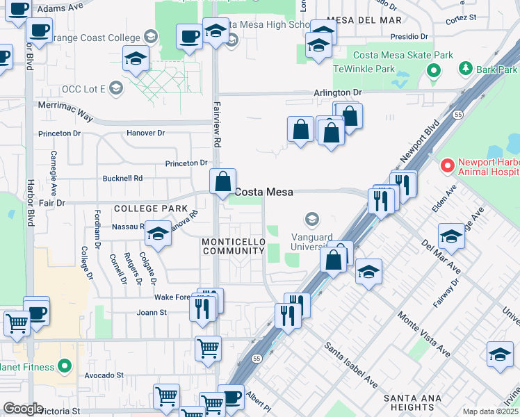 map of restaurants, bars, coffee shops, grocery stores, and more near 100 Clearbrook Lane in Costa Mesa