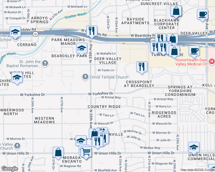 map of restaurants, bars, coffee shops, grocery stores, and more near 19420 North 33rd Drive in Phoenix