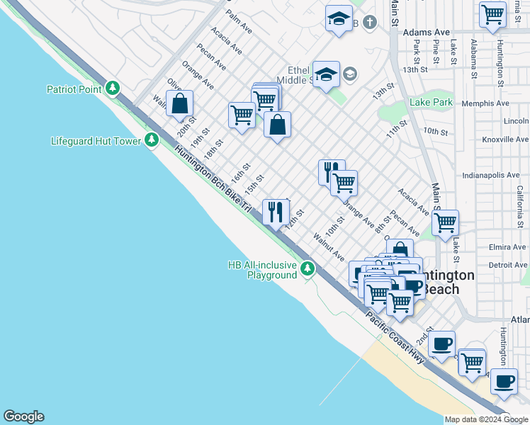 map of restaurants, bars, coffee shops, grocery stores, and more near 1312 Pacific Coast Highway in Huntington Beach
