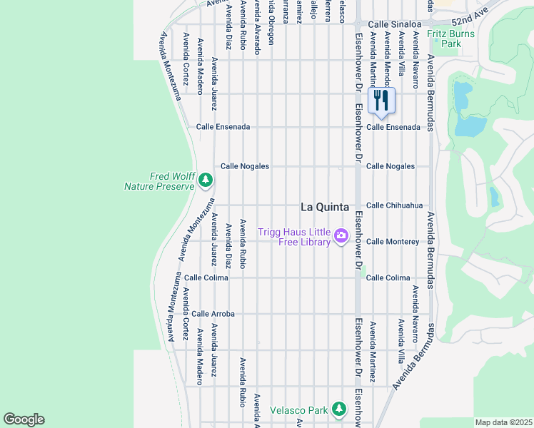 map of restaurants, bars, coffee shops, grocery stores, and more near 53050 Avenue Obregon in La Quinta