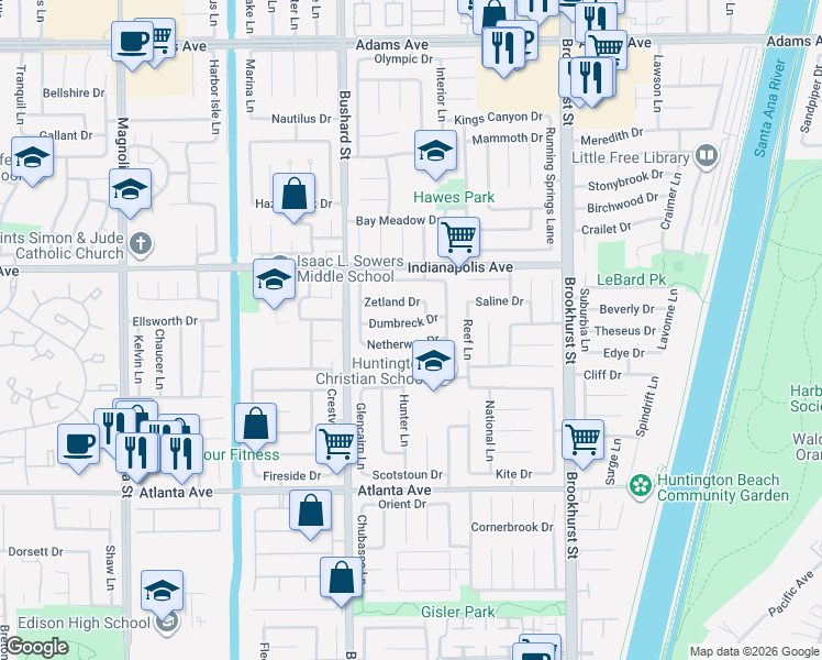 map of restaurants, bars, coffee shops, grocery stores, and more near 9632 Dumbreck Drive in Huntington Beach