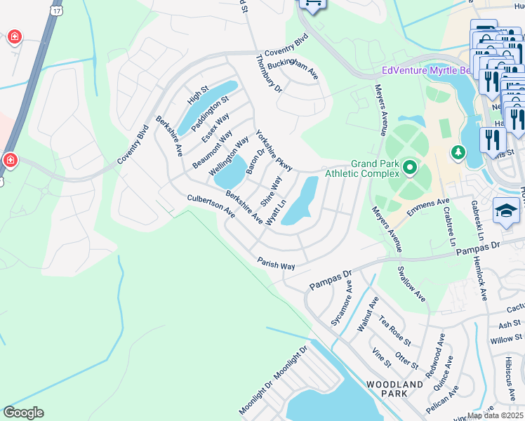 map of restaurants, bars, coffee shops, grocery stores, and more near 1190 Shire Way in Myrtle Beach