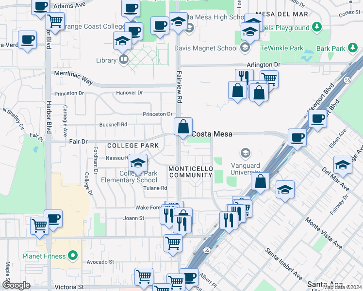 map of restaurants, bars, coffee shops, grocery stores, and more near 2482 Fairview Road in Costa Mesa