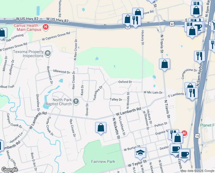 map of restaurants, bars, coffee shops, grocery stores, and more near 2818 North Ricketts Street in Sherman