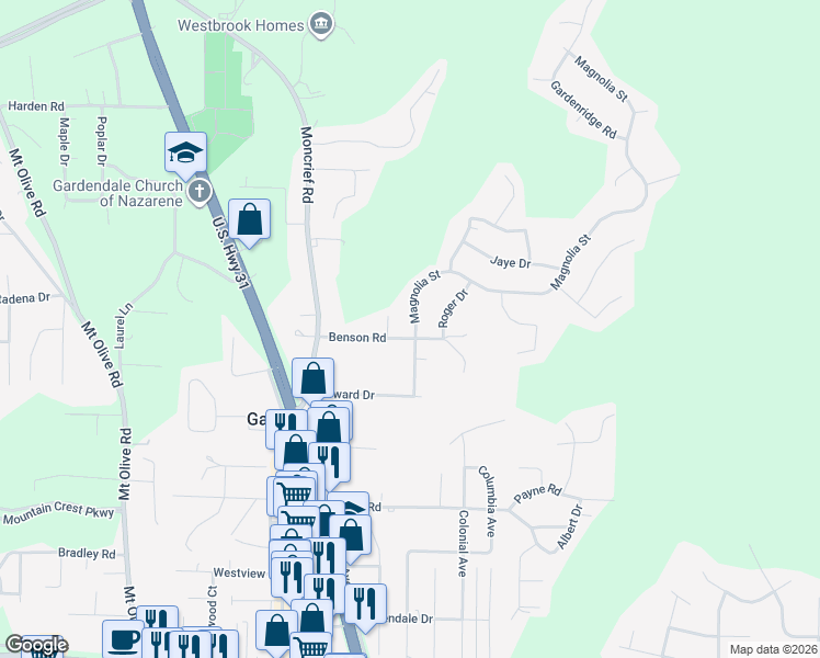 map of restaurants, bars, coffee shops, grocery stores, and more near 1600 Magnolia Street in Gardendale