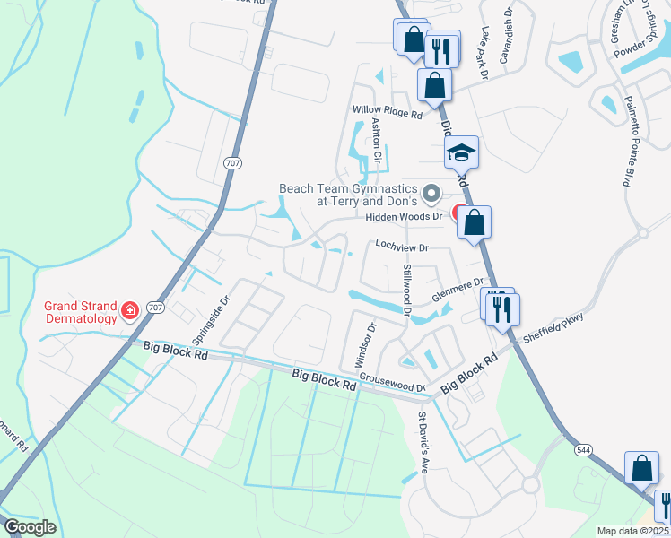 map of restaurants, bars, coffee shops, grocery stores, and more near 801 Indian Wood Lane in Myrtle Beach
