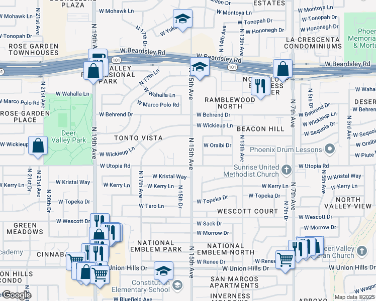 map of restaurants, bars, coffee shops, grocery stores, and more near 19426 North 15th Avenue in Phoenix